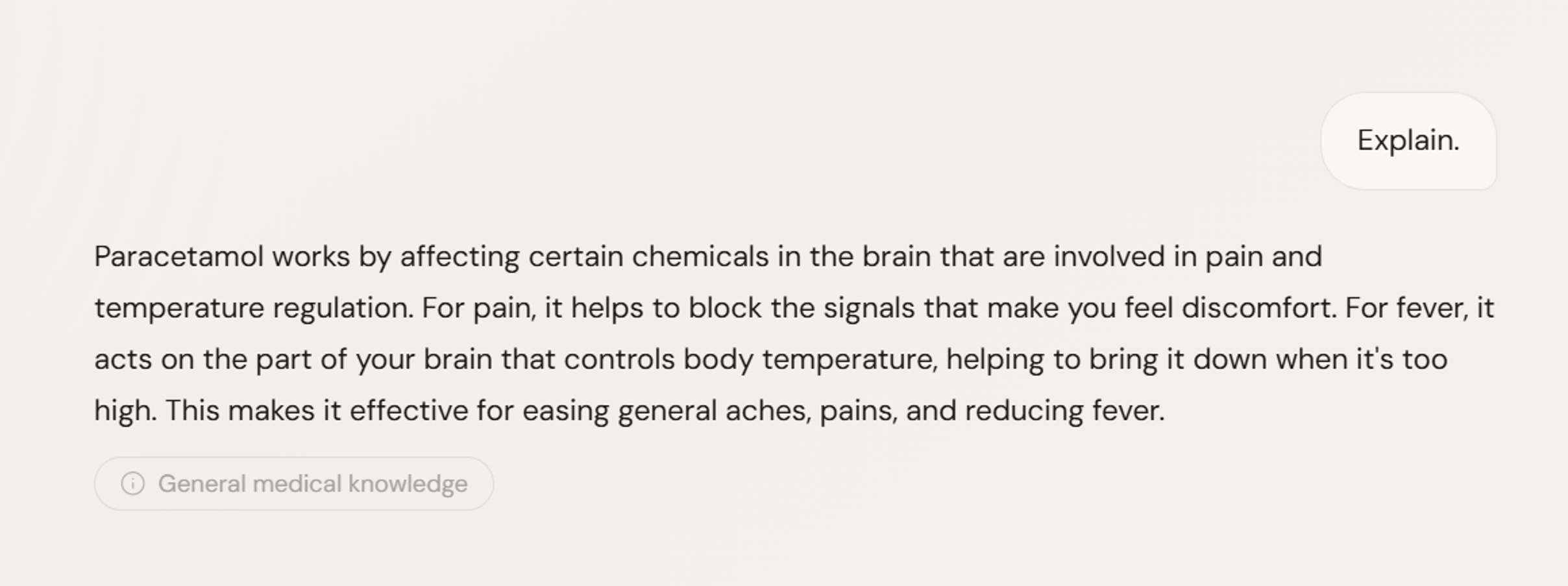 An answer explaining how paracetamol eases pain and lowers fever, labelled “General medical knowledge” rather than citing a document.