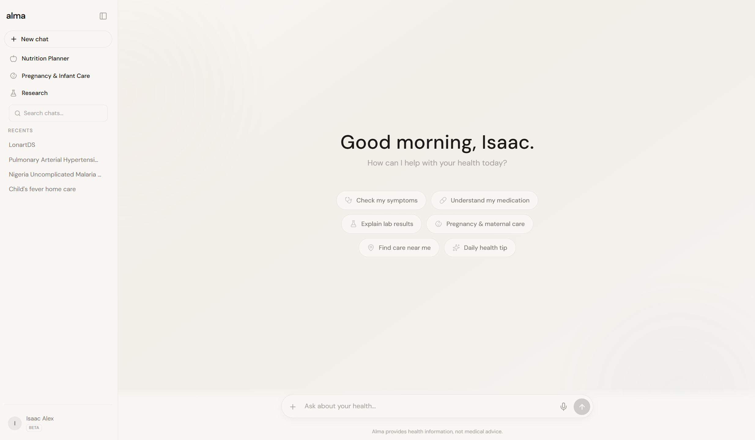 Alma Assistant V2 on a laptop: the greeting “Good morning, Isaac. How can I help with your health today?” above six starting points — symptoms, medication, lab results, pregnancy and maternal care, finding care nearby, and a daily health tip.