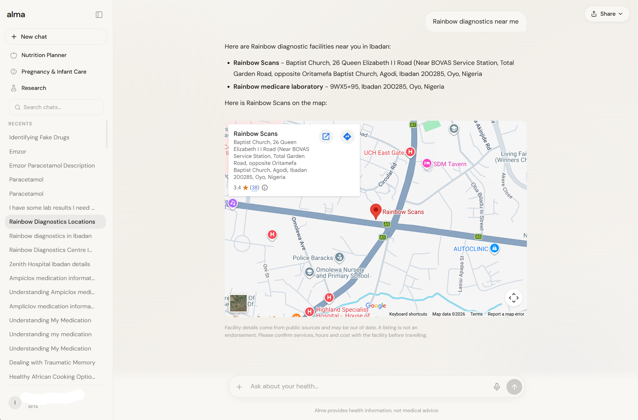 Asked for “Rainbow diagnostics near me”, Alma lists two Rainbow facilities in Ibadan with their addresses and shows Rainbow Scans on a map, above a note that listings come from public sources and should be confirmed before travelling.